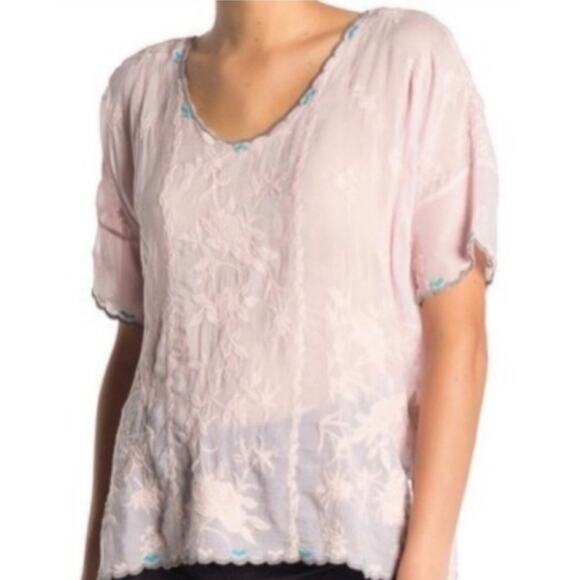 Johnny Was Tops - Johnny Was Lillian blouse pink sheer fabric, floral embroidery, eyelet, size XS